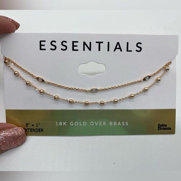 Essentials Jewelry - NWT 18k Gold over Brass Double Chained Ball/Opal Ankle Bracelet Cubic Zirconia